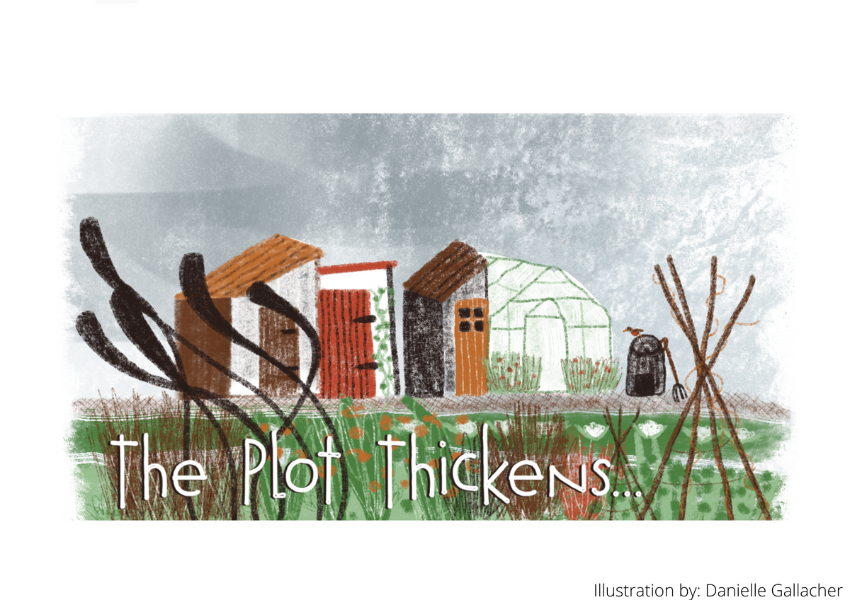 An illustration by Danielle Galacher of sheds and greenhouses in the background, with grass and plants in the foreground