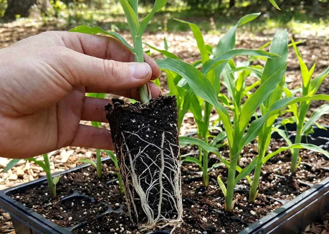 a hand holding a root plug with a seedling plant growing out of it