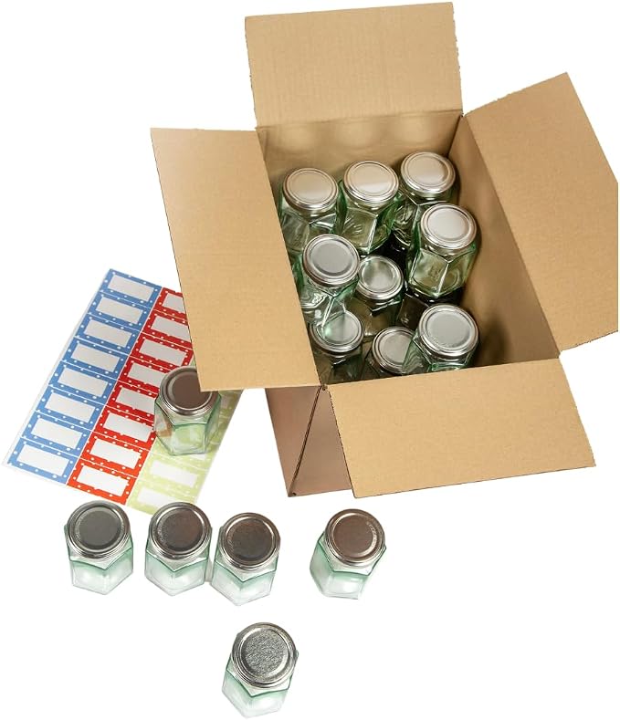 Nutley's 8oz 190ml Hexagonal Jam Jar Box with Screw-Top Lids and Labels