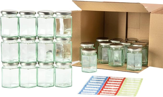 Nutley's 8oz 190ml Hexagonal Jam Jar Box with Screw-Top Lids and Labels