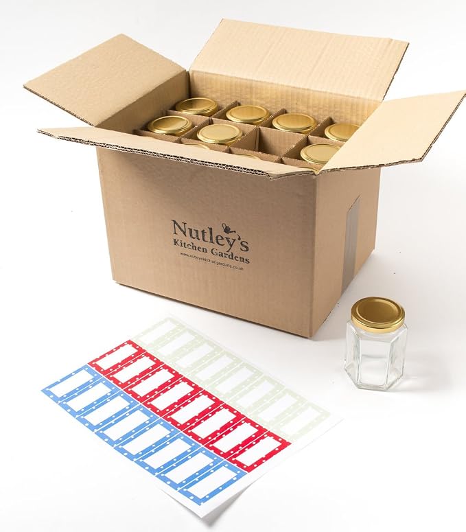 Nutley's 8oz 190ml Hexagonal Jam Jar Box with Screw-Top Lids and Labels