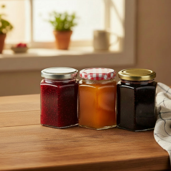 Nutley's 8oz Hexagonal Jam Jars with Screw-Top Lid - Choose Lid Colour & Quantity