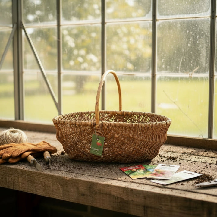 Wicker trug, harvest basket on a wooden table with gardening tools and seeds in a greenhouse setting